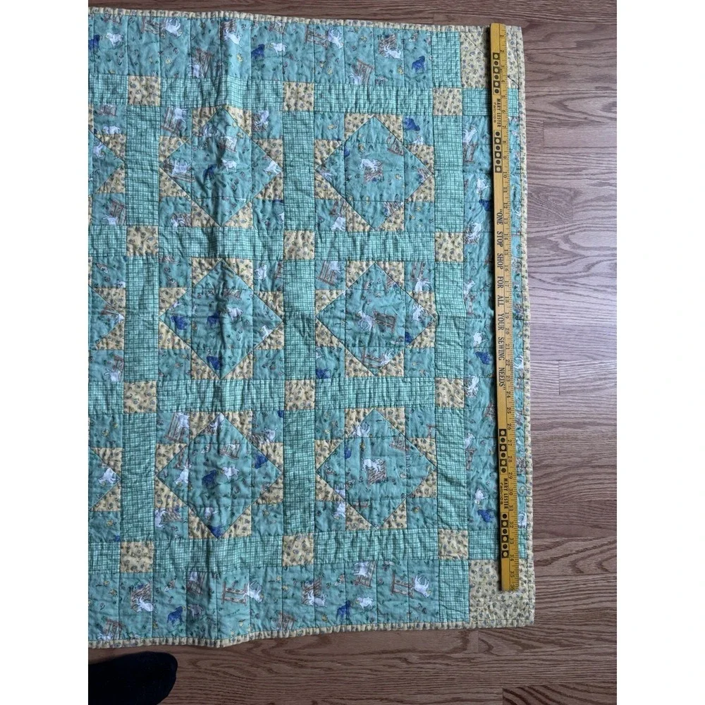 Vintage Baa Baa Black Sheep Baby Quilt‎ Blanket Green Yellow Plaid Nursery 39x39